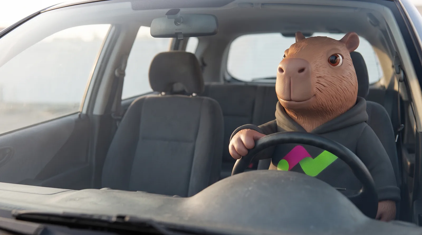 Cartincho al volante de su auto, listo para salir